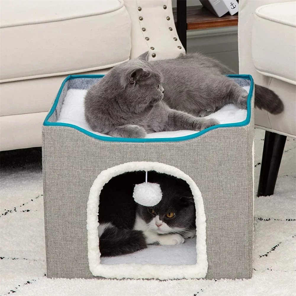 

Многофункциональный кошачий домик с верхней платформой и когтеточкой, плюшевая лежанка-пещера с подвесным мячиком для котят и кошек, убежище для отдыха