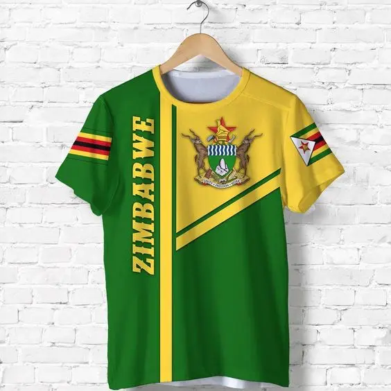 Zimbabwe Flag & Coat of Arms Graphic Tee Summer Casual Streetwear Men\'s Fashion Loose T-shirts Boy Oversized Short Sleeve Tops