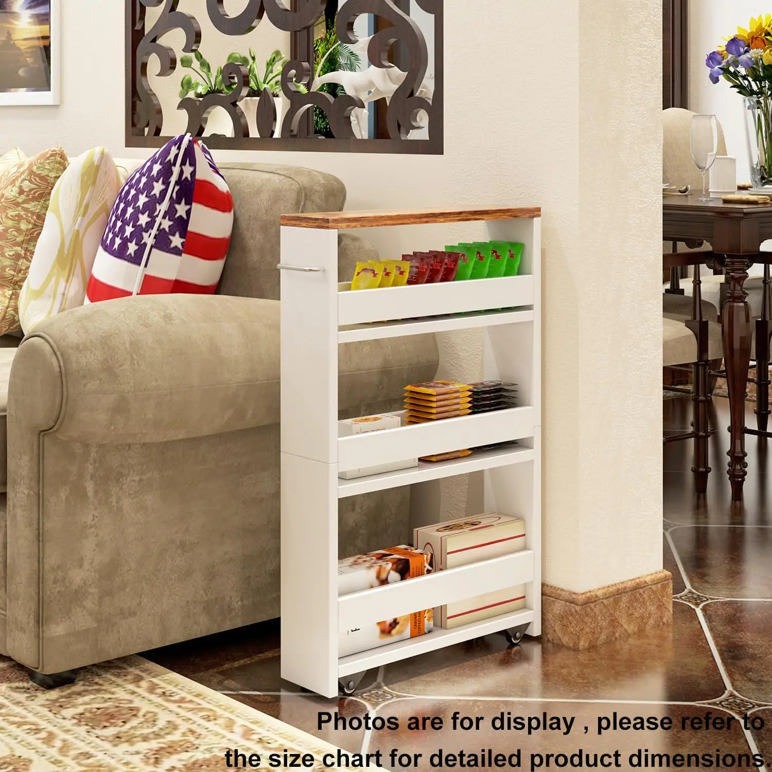 4 Tier White Slim Storage Cart with Handle, Slide Out Storage Rolling Utility Cart Mobile Shelving Unit Organizer Troll