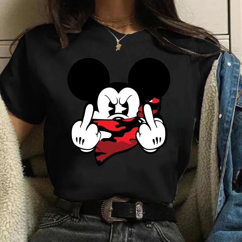 Summer New Disney Funny Masked Mickey Mouse T Shirt Women Kawaii Graphic Tees Casual Loose Tshirt O Neck Female Tops Dropship