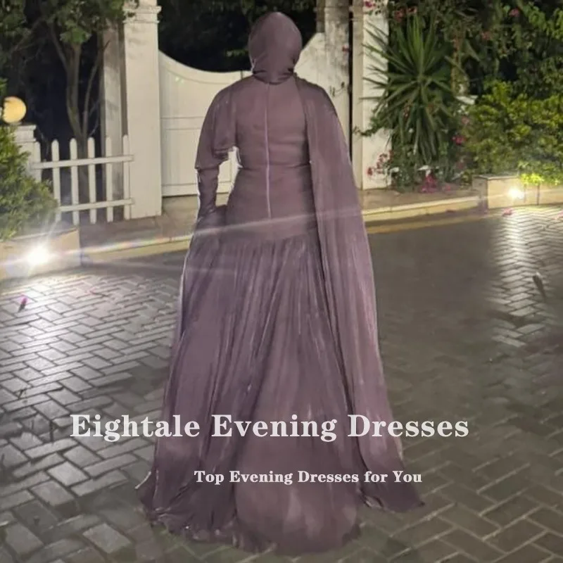 ชุดราตรีอาหรับแบบเอแปตเทล คอทรงโอ จับจีบ ผ้าเครป สีม่วงแบบมุสลิม แขนยาว ทรงเอไลน์ สำหรับงานพรอม งานแต่งงาน และงานเลี้ยงต่างๆ