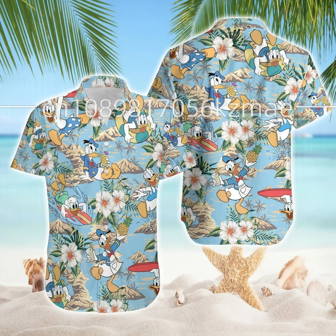 Summer Disney Donald Duck and Friends Boys&Girls Seaside Vacation Hawaiian Button Cartoon Shirt KID/Adul Parent-Child Shirt