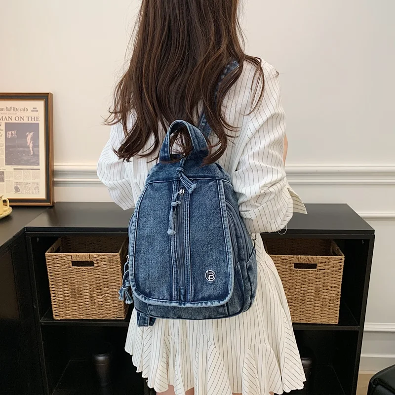 Modischer Denim-Rucksack für Damen, Jeans-Schultasche, lässiger Reise-Tagesrucksack, Retro-gewaschener Rucksack, leichte Schultertasche für den Alltag