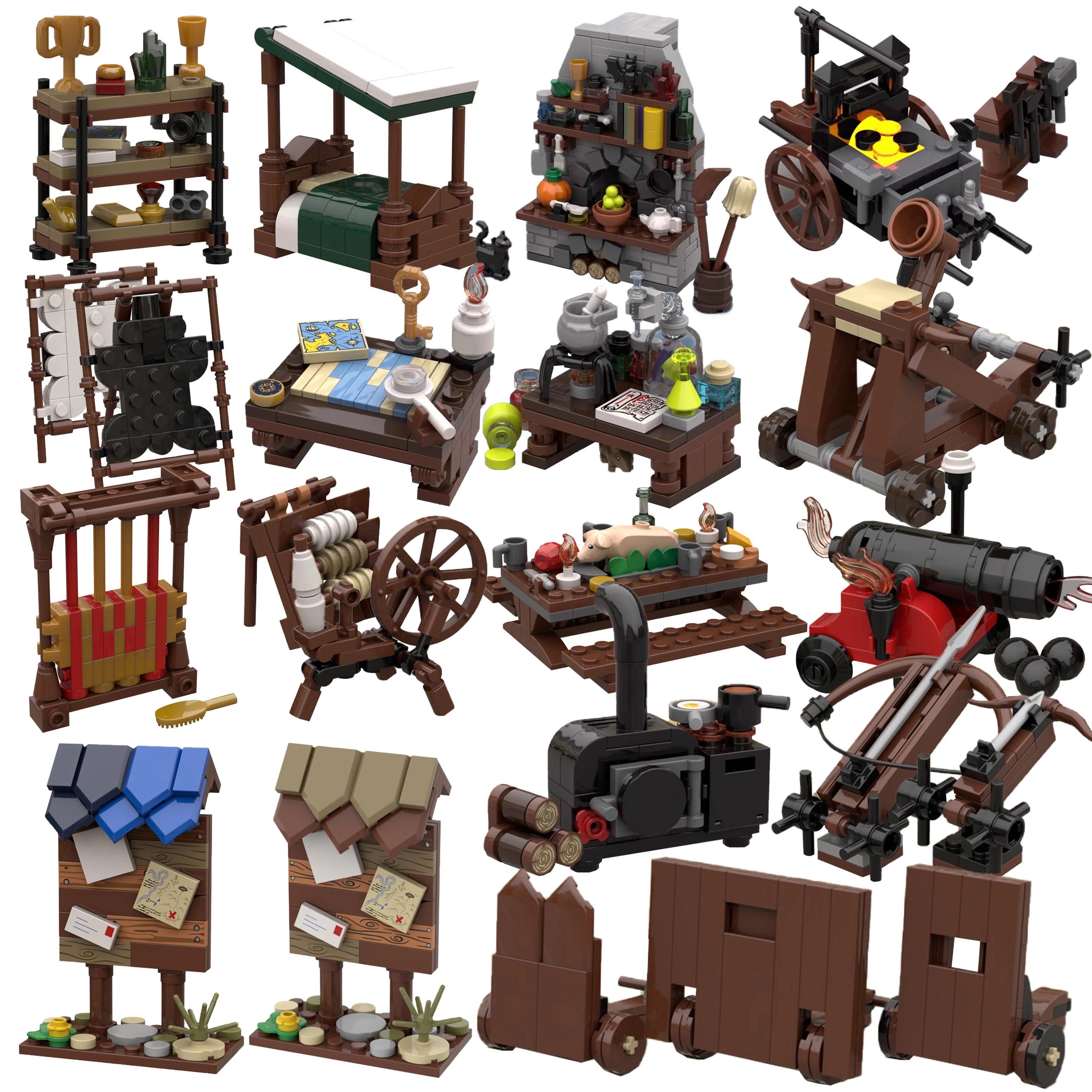 Medieval Furniture Stove Cannon Building Blocks Kit Military Castle Siege Weapons Sheepskin Leather Rack Bricks Toys Kids Gift