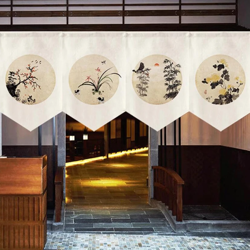 Chinese Traditional Ink Painting Door Curtain Drape Kitchen Partition Japanese Noren Living Room Doorway Hanging Half-Curtain