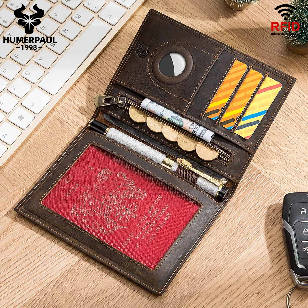 HUMERPAUL Passport Cover Wallt with AirTag for Travel Essential Crazy Horse Leather  RFID Credit Card Holder Pen Cover Money Bag