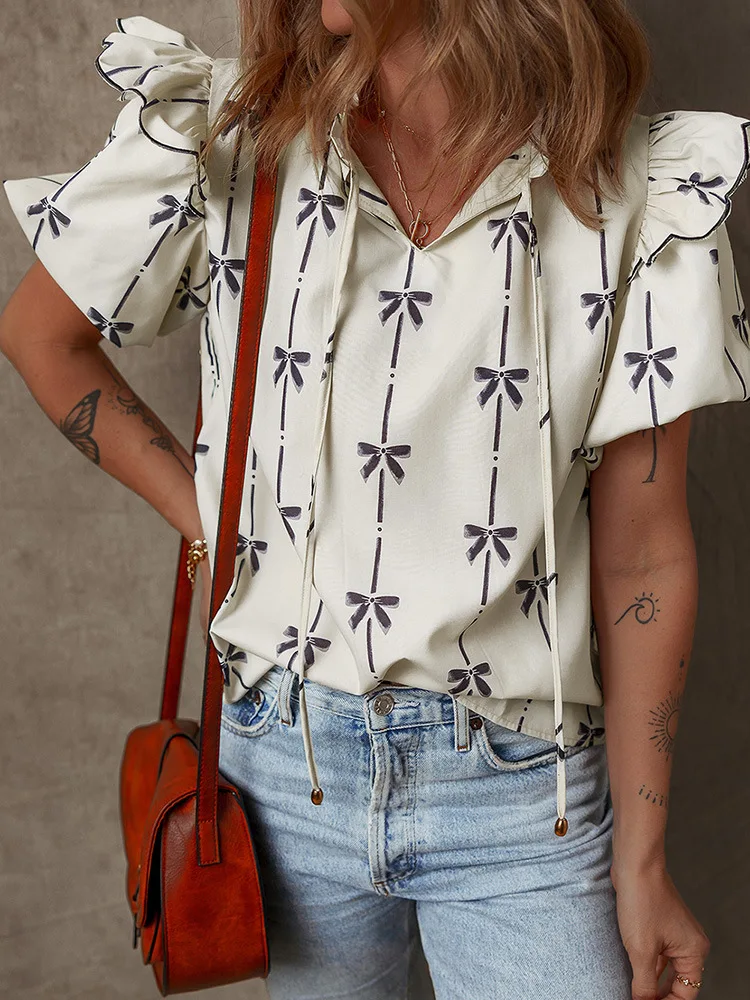 

Women s 2025 Spring V Neck Chiffon Blouse Bow Print Puff Sleeve Casual Tops Loose Fit Trendy Fashion