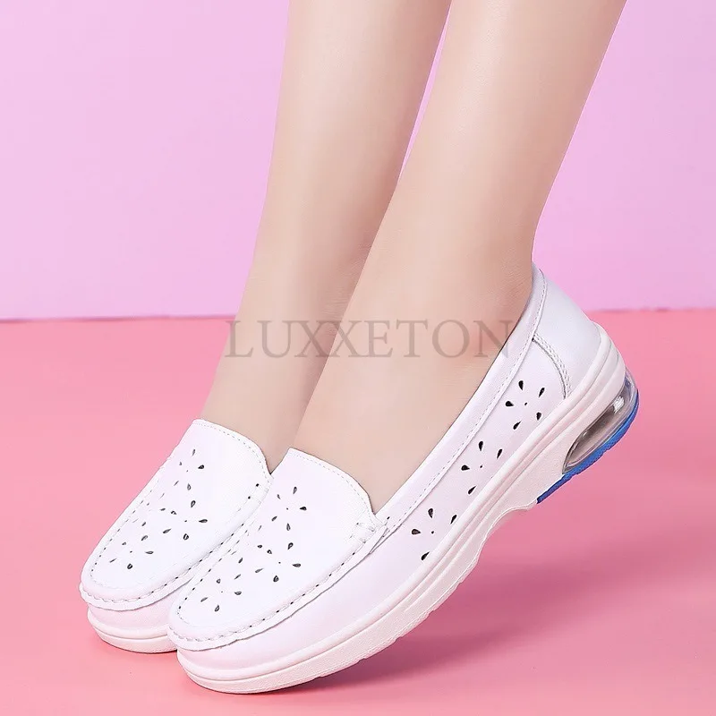 Genuine Leather Air Cushion Nurse Shoes Women Soft Soles Hollowed Out Breathable Non Slip Flat Bottomed White Medical Shoes