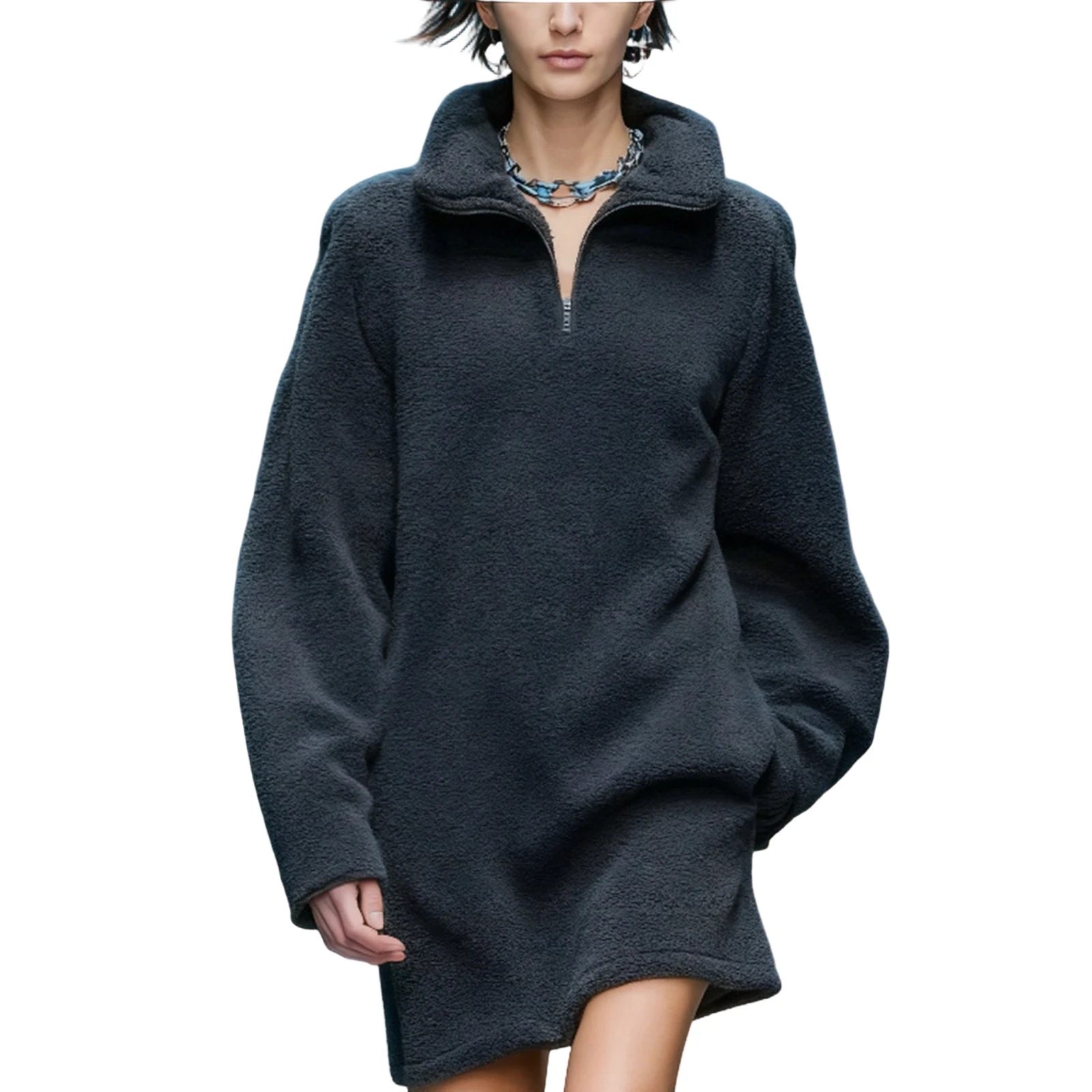 Robe sweat-shirt couleur unie, demi-fermeture éclair, jupe courte couchée à la taille, tenue d'affaires décontractée pour femmes, robe t-shirt, printemps et automne