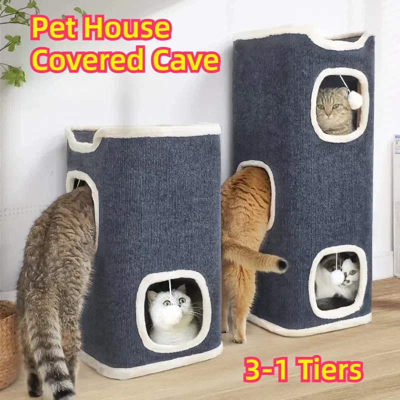 

3-1Tiers Pet House Covered Cave with Soft Mat Large Hideaway Cat Tent Fluffy Ball Hanging Cat House Pet Bed Accessories