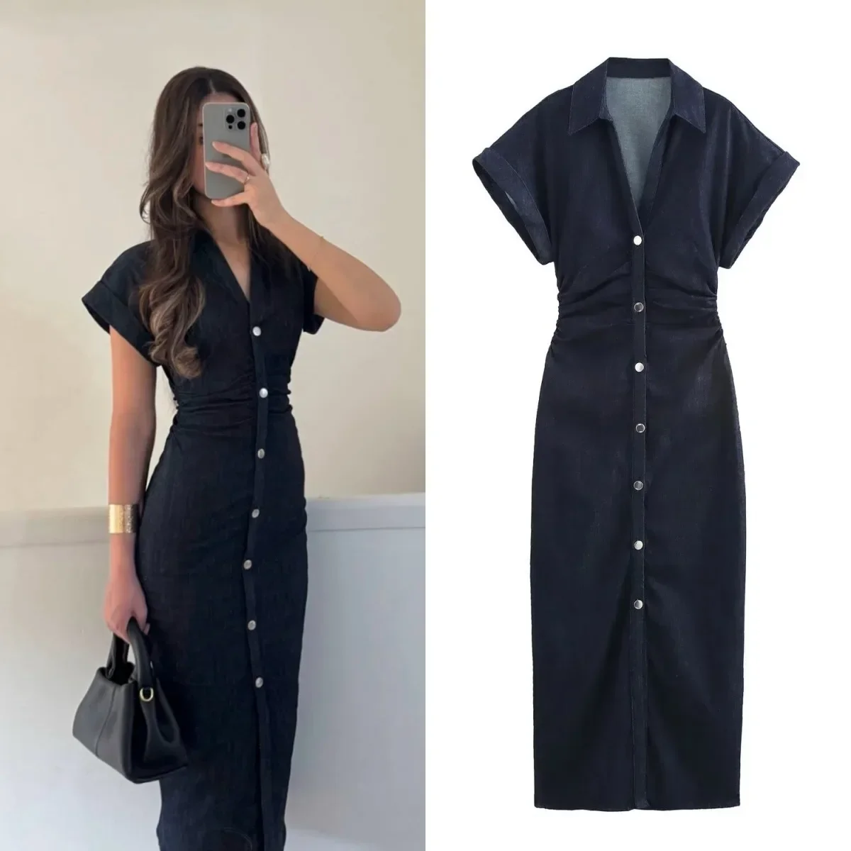 

Spring Summer New Series Denim Dress Lapel Side Zipper Wrinkle Waist Slim Elegant Female Vestidos