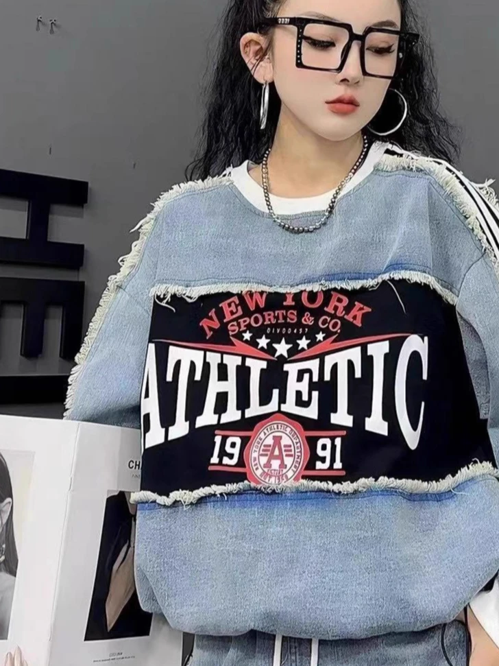 European Style Denim Sweatshirt for Women 2025 Autumn New Color-Block Letter Print Frayed Hem Drawstring Tops Streetwear Women