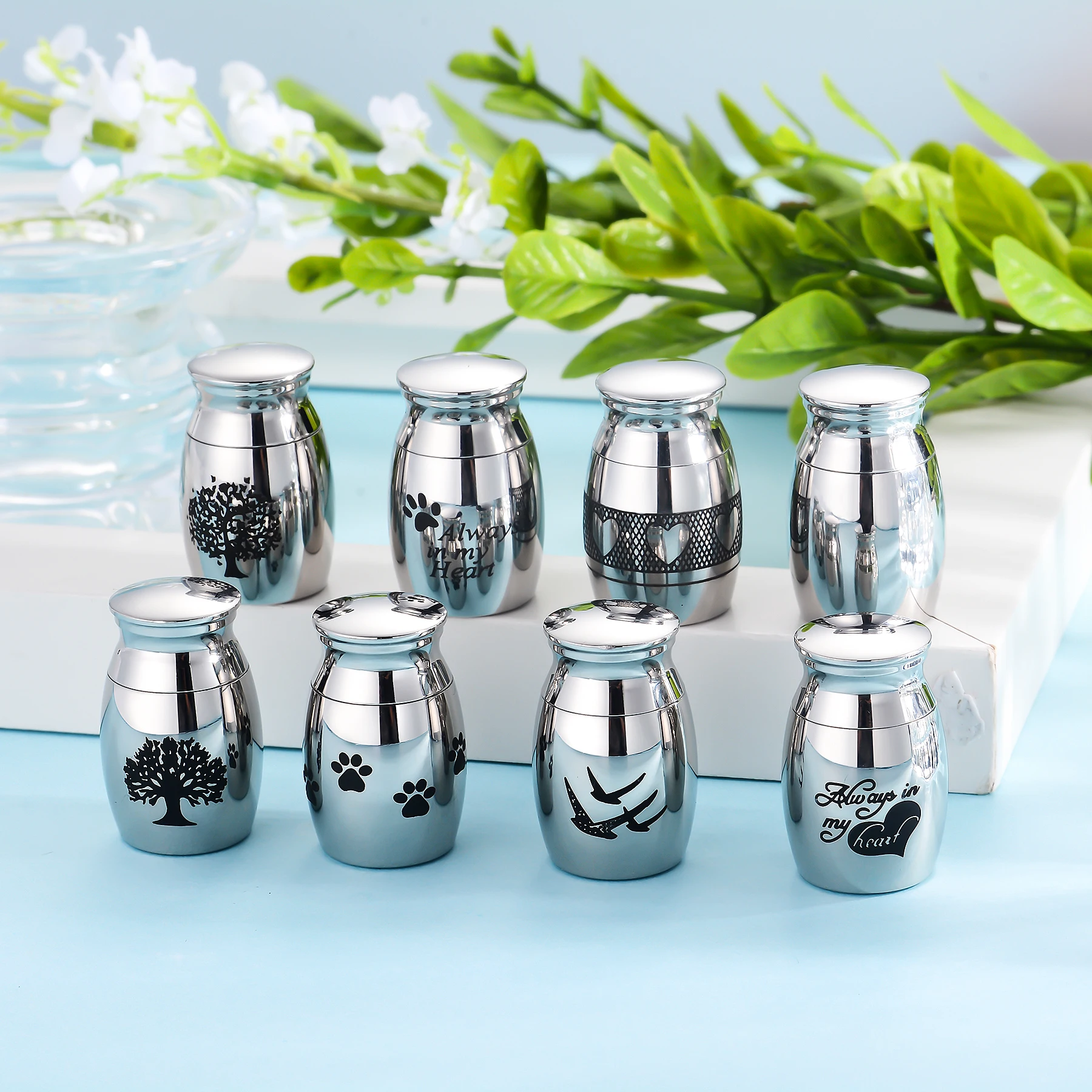 Engraved 15X26mm Mini Decorative Memorial Keepsake Stainless Steel Mini Cremation Urns for Human Pet Ashes