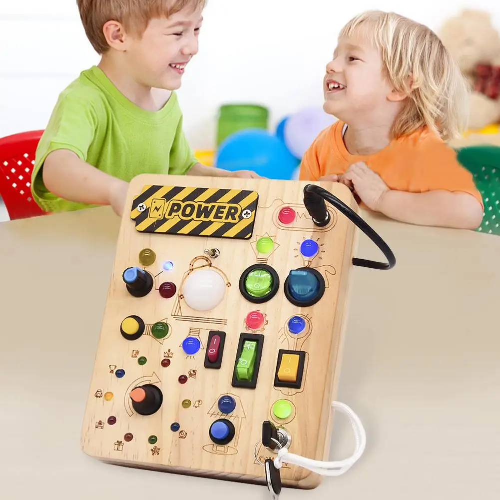 LED Light Switch Busy Board Toddler Light-up Switch Control Wooden Board Fine Motor Skills Kids Activity Game Board Toy Gift