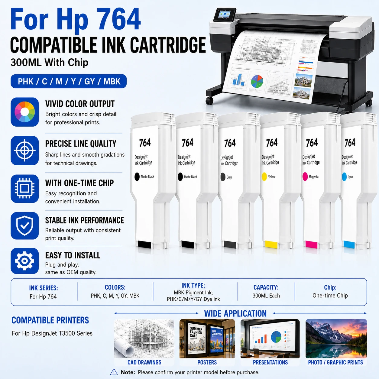For HP 764 Compatible Ink Cartridges With 300ML Full Ink Chip For For HP DesignJet T3500 C1Q13A C1Q14A 6Colors Pigment&Dye Ink
