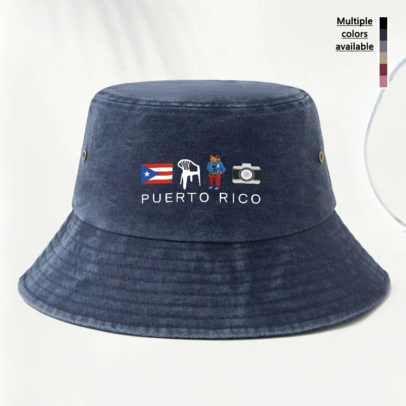 Women'S Retro Fisherman Hat, Men'S PUERTO RICO Fun Pattern Printed Fashion Bucket Hat, Foldable Distressed Style Outdoor Hat, Un