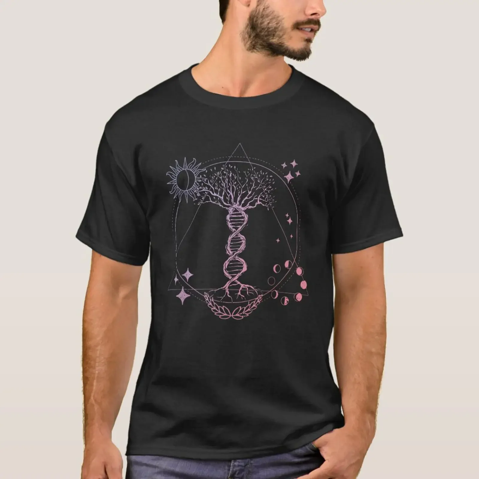 Triangle Phases Moon and Tree Life DNA Esoteric Ge T Shirt vintage Washed Comfortable Soft Versatile streetwear Unisex homme