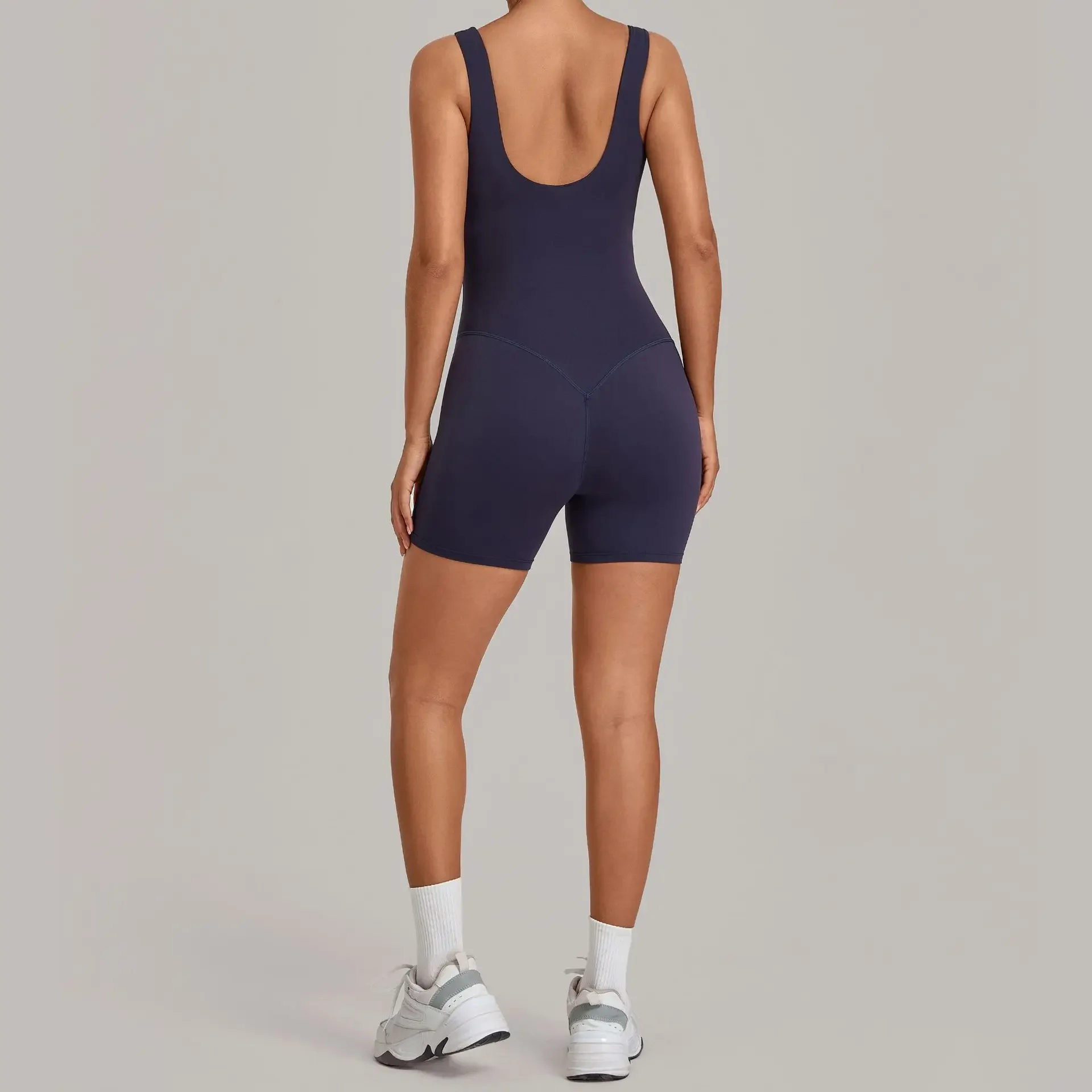 Women One Piece Short Yoga Jumpsuit U Shape Open Back V Neck Tummy Control Butt Lift Sweat Wicking Fabric Gym Workout Bodysuit