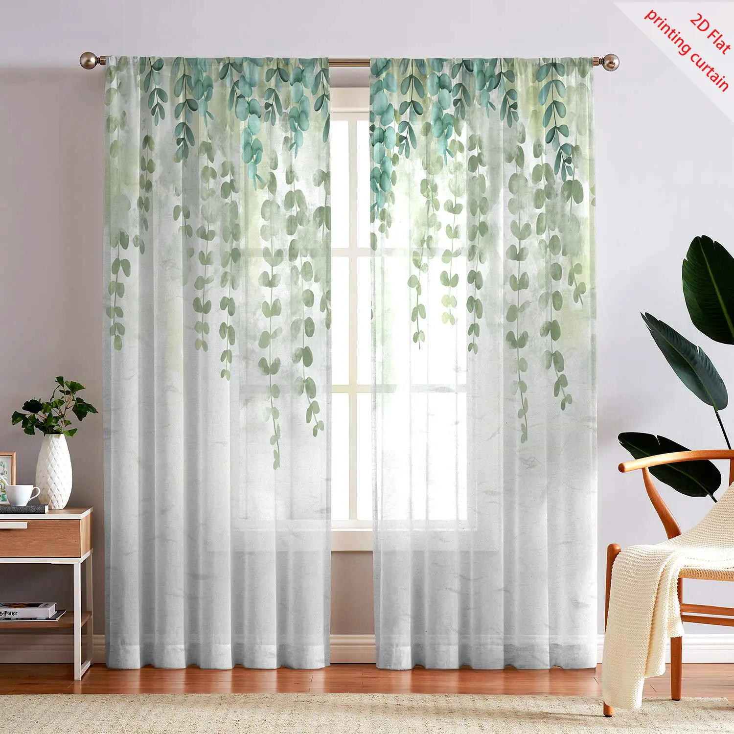 Printed transparent gauze curtain with plant, flower and bird patterns, suitable for home, dormitory, bedroom window decoration