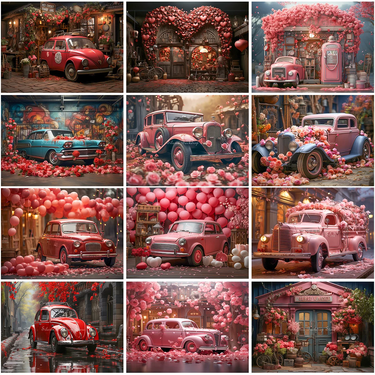 A Car Filled with Flowers Photo Background for Valentine Day Photography Backdrop Spring Garden Kids Portrait Photo Studio Props