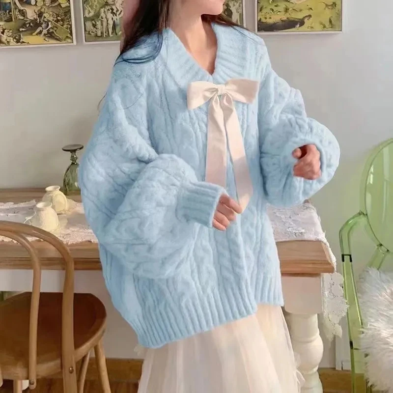 Bow Tie V-Neck Sweater Women Twist Loose Lazy Pink Lantern Sleeve Knitted Pullover Solid Fashion Pretty Style Female  Jumpers