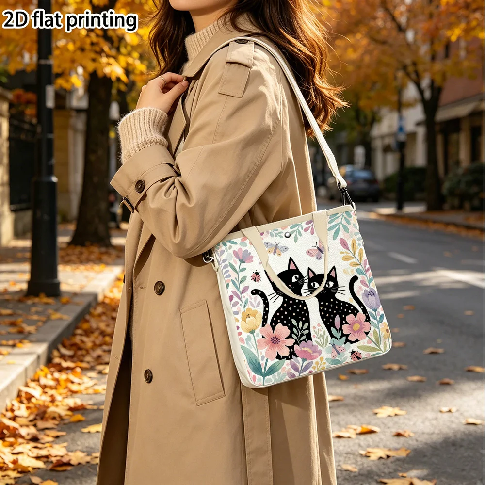 Two black cats with flowers Double-Sided Printed Canvas Tote Bag Removable Convertible Crossbody Strap for Women Campus Life