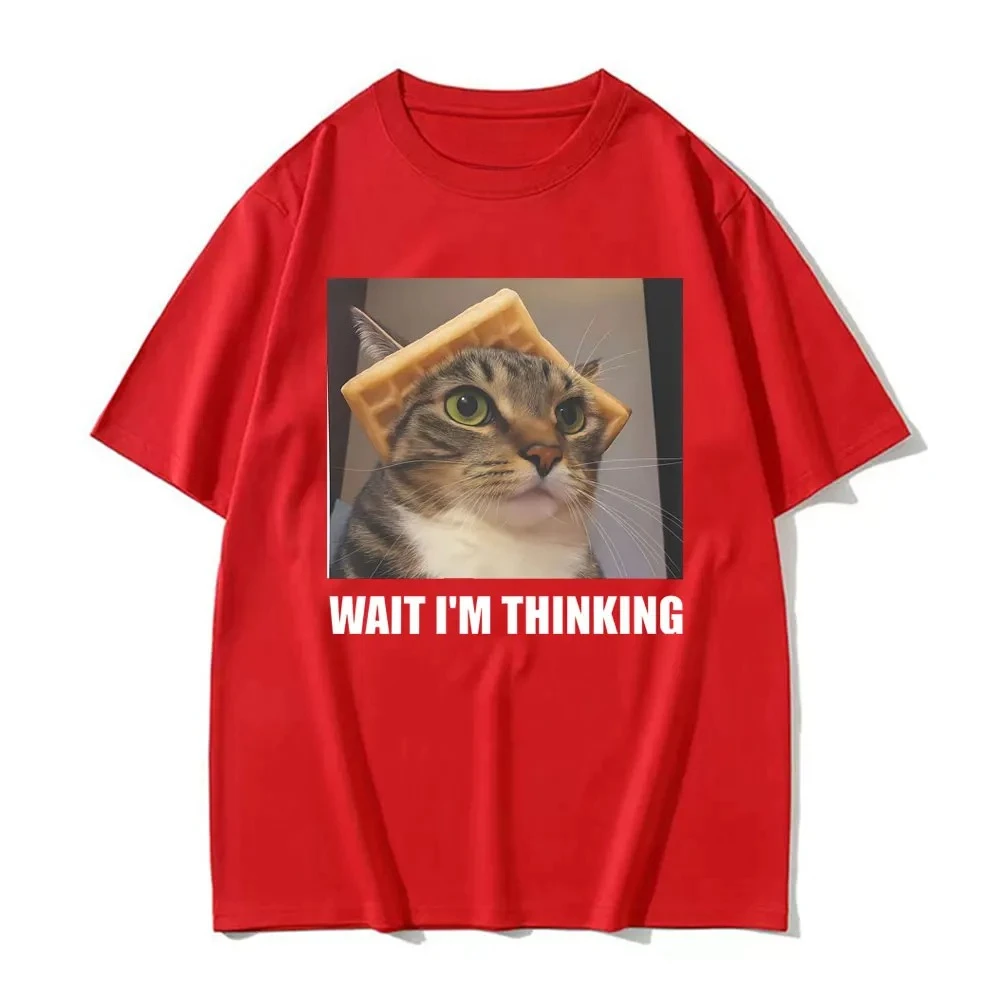 Women's Wait I'm Thinking Funny Cat Meme Print T-Shirt Fashion Humor Trend Casual Streetwear Short Sleeve Daily Basic Tee Top