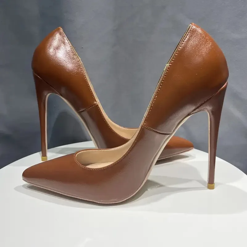 Kobiety seksowne eleganckie 12cm czółenka damskie szpilki matowe brązowe buty na cienkich wysokich obcasach eleganckie buty ze spiczastym noskiem na