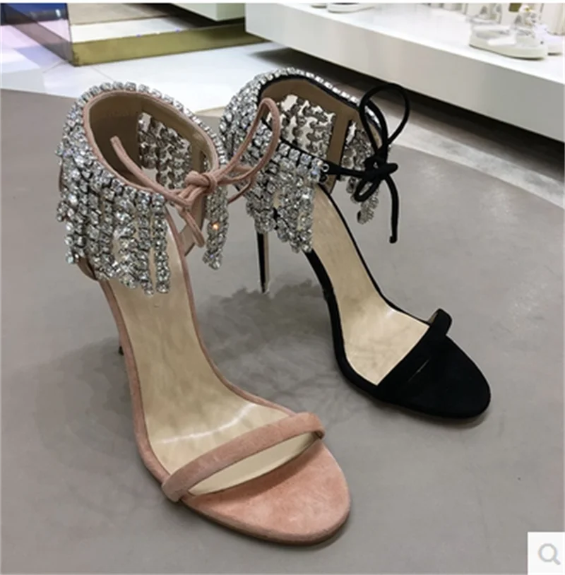 Crystal Chain Pink Stiletto Summer Cover Heels Ladies Shoes Open Toe Women Sandals Female Pumps Dress Zapatos Mujer