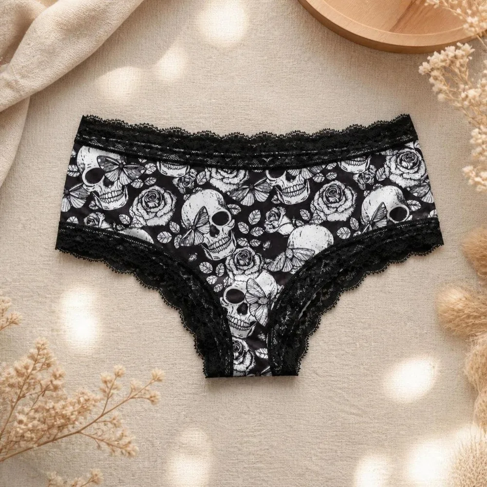 Dark Style Mid Waist Women's Panties Gothic Style Flower Butterfly Skeleton Briefs Lingerie Star Lace Triangle Underwear Female