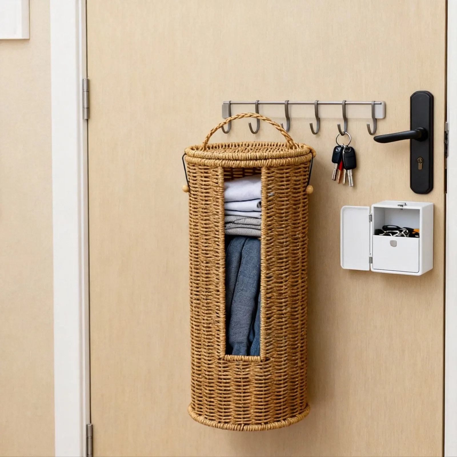 

Round Faux Rattan Storage Basket with Lid Decorative Hamper for Towels Toilet Paper Bathroom Living Room Organizer