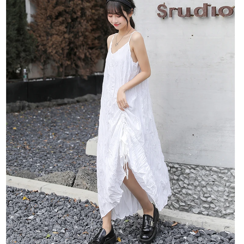 Womens Long Dress Loose Pleated Irregular Dress Sexy Sleeveless Sling Woman Maxi Dresses