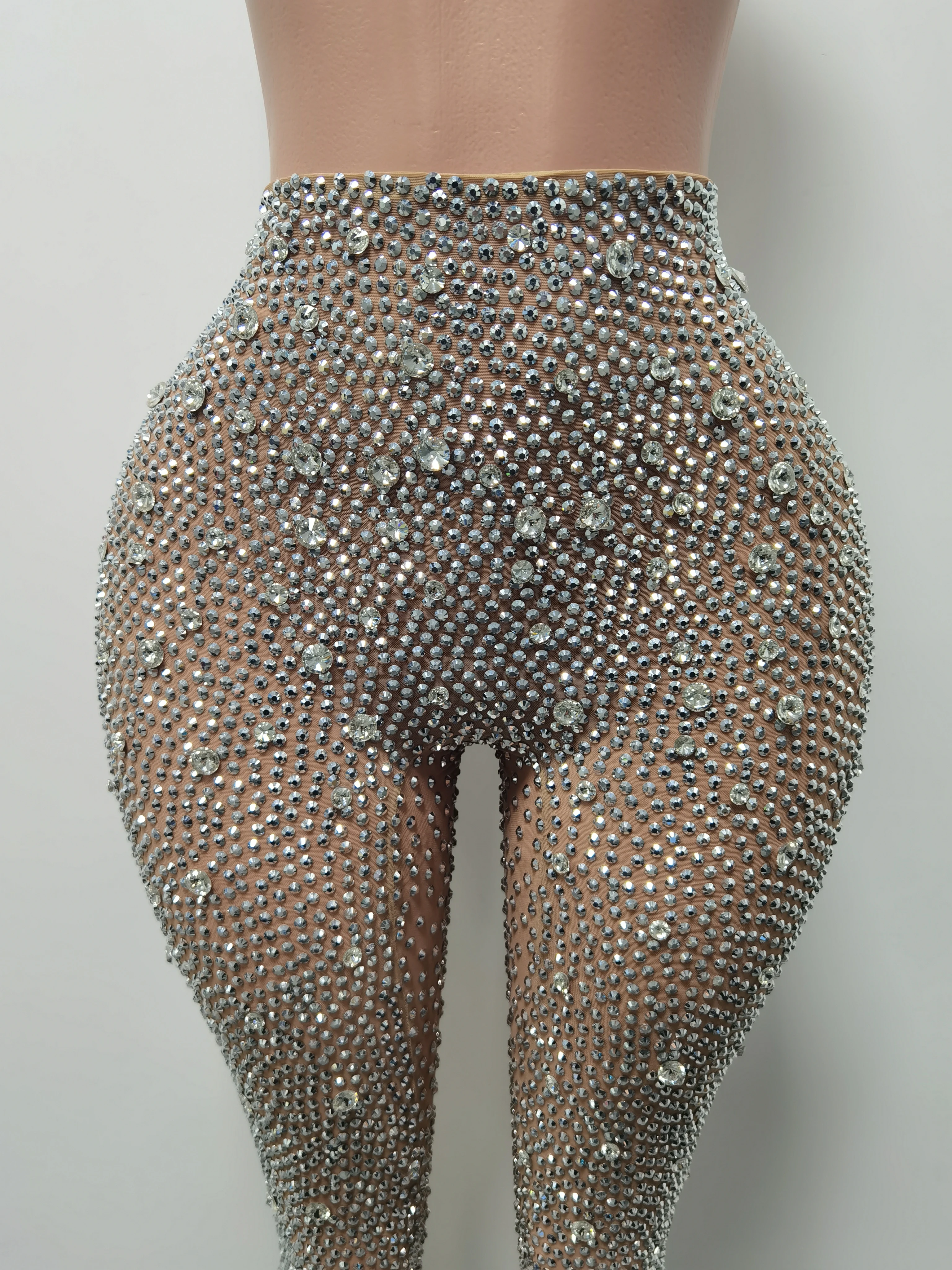Pantalones sexis con diamantes de imitación para mujer, mallas transparentes de malla con diamantes, traje de Festival, disfraces de bailarina Gogo, pantalones de fiesta para club nocturno