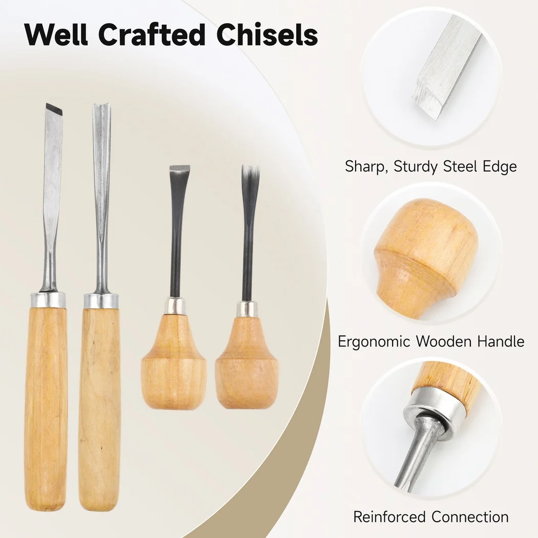 16Pcs Wood Carving Tools Professional Wood Chisel Set With Storage Sharp Steel Chisels With Wooden Handles Carving Knives Files