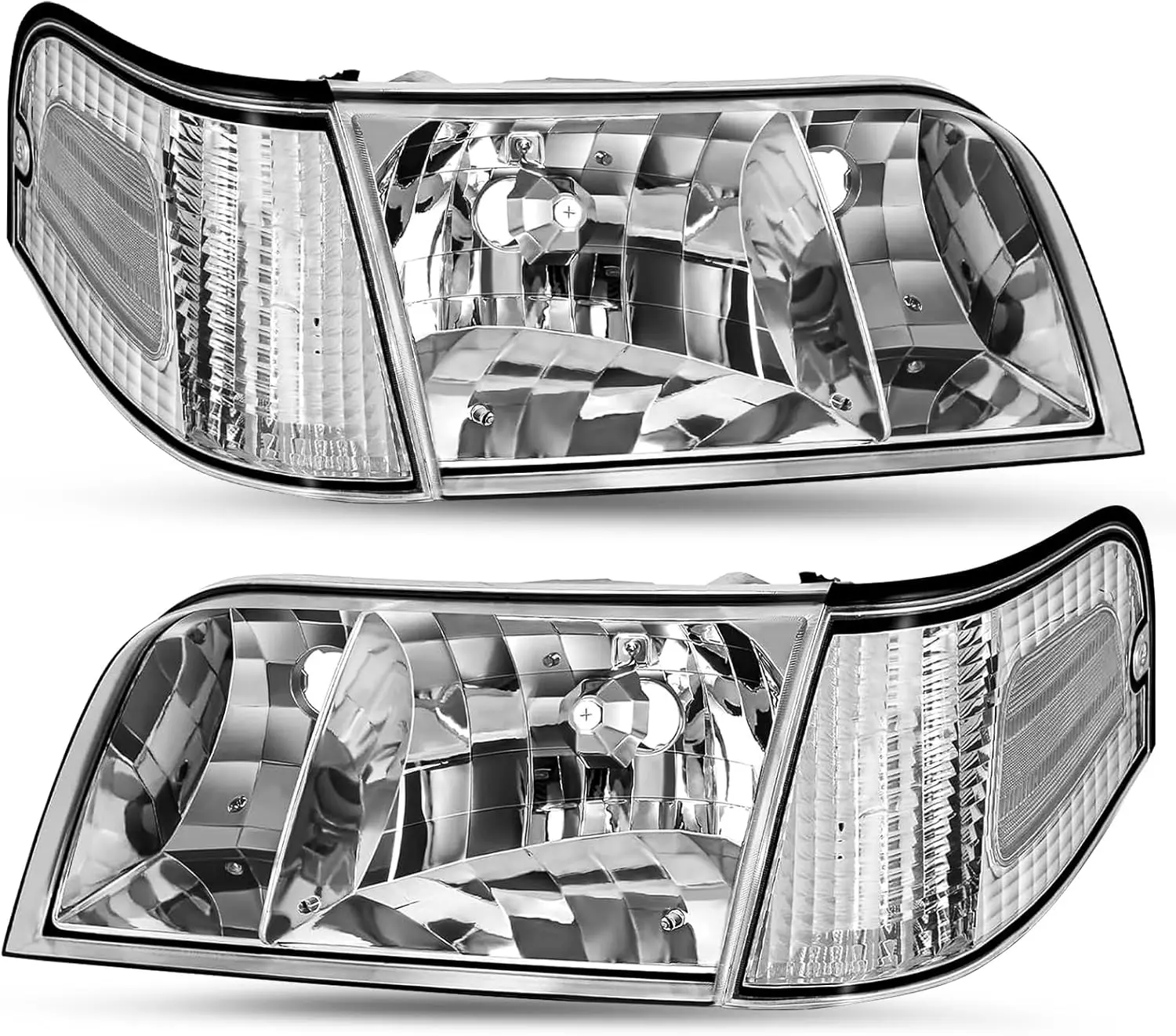 

Headlight Assembly Fit for 1998 to 2011 Ford Crown Victoria Headlamp w/Corner Lights 4pcs (Chrome Housing with Clear Reflector)