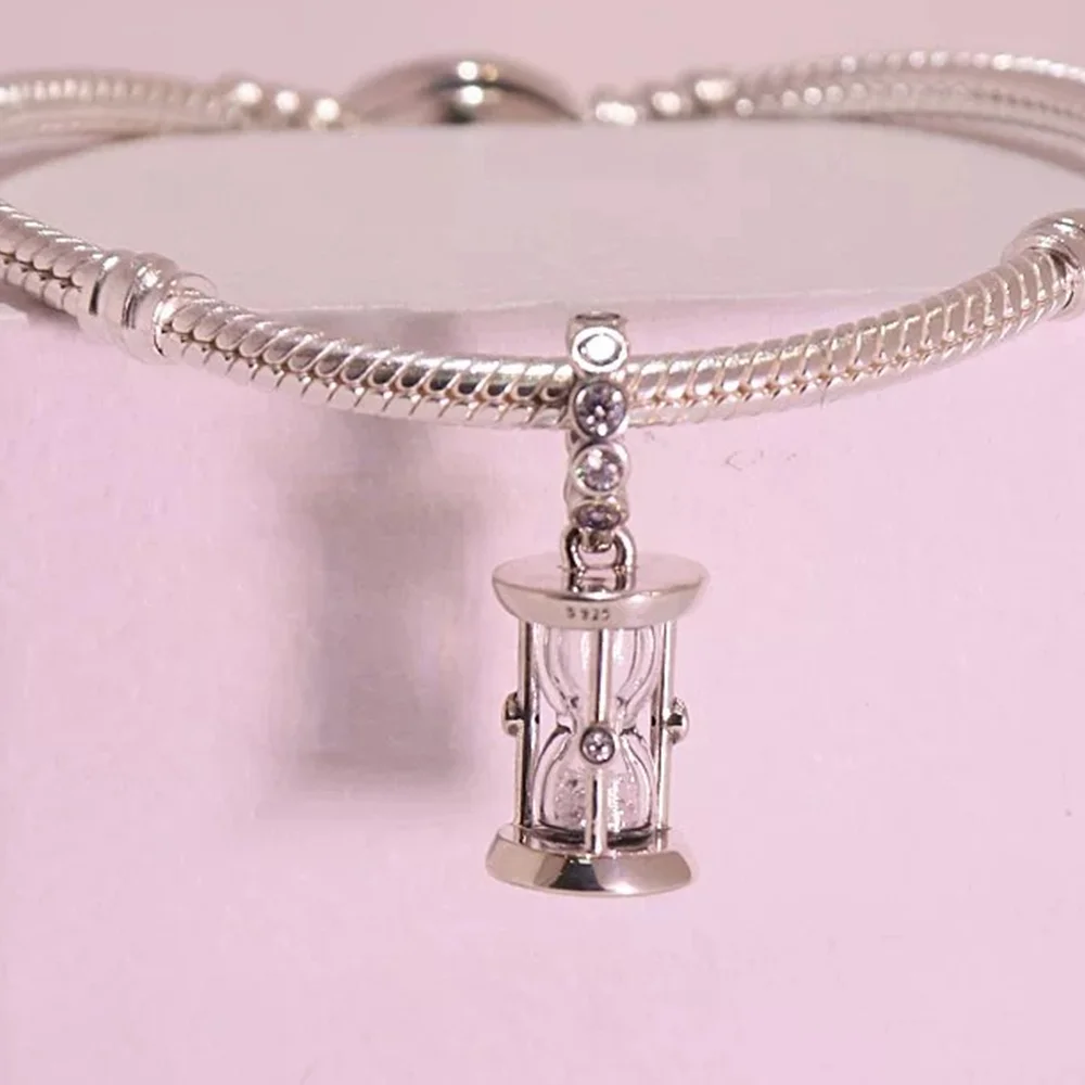 Silver Cz Hourglass Charm, Fits European Bracelet,Fit Bracelets bag keychain charms Elegant Time Symbol Jewelry Gift