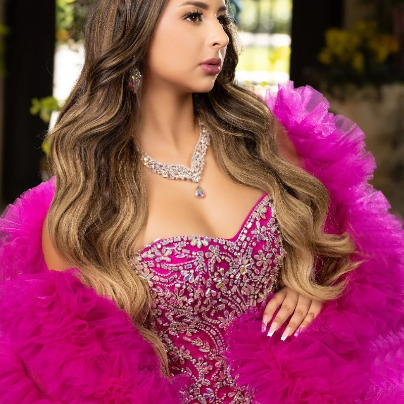 Evolt personalizado rosa vermelho querida quinceanera vestido de baile contas cristal em camadas vestido de baile doce 16 menina vestidos tqd032