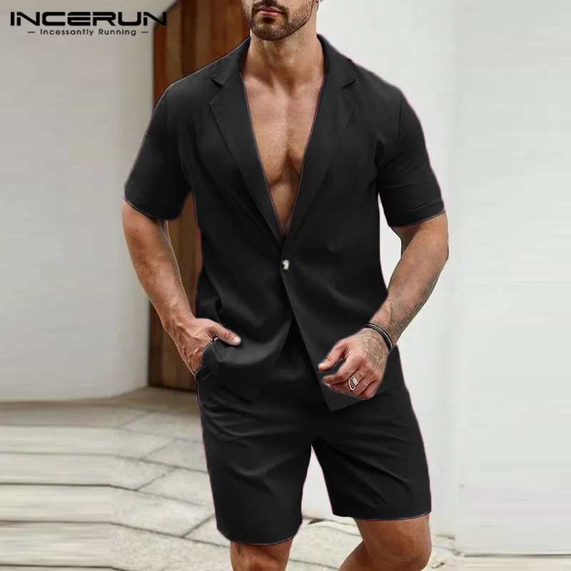 INCERUN 2024 American Style New Men's Fashion Sets Solid Short Sleeved Blazer Shorts Casual Streetwear Male Two-piece Sets S-5XL