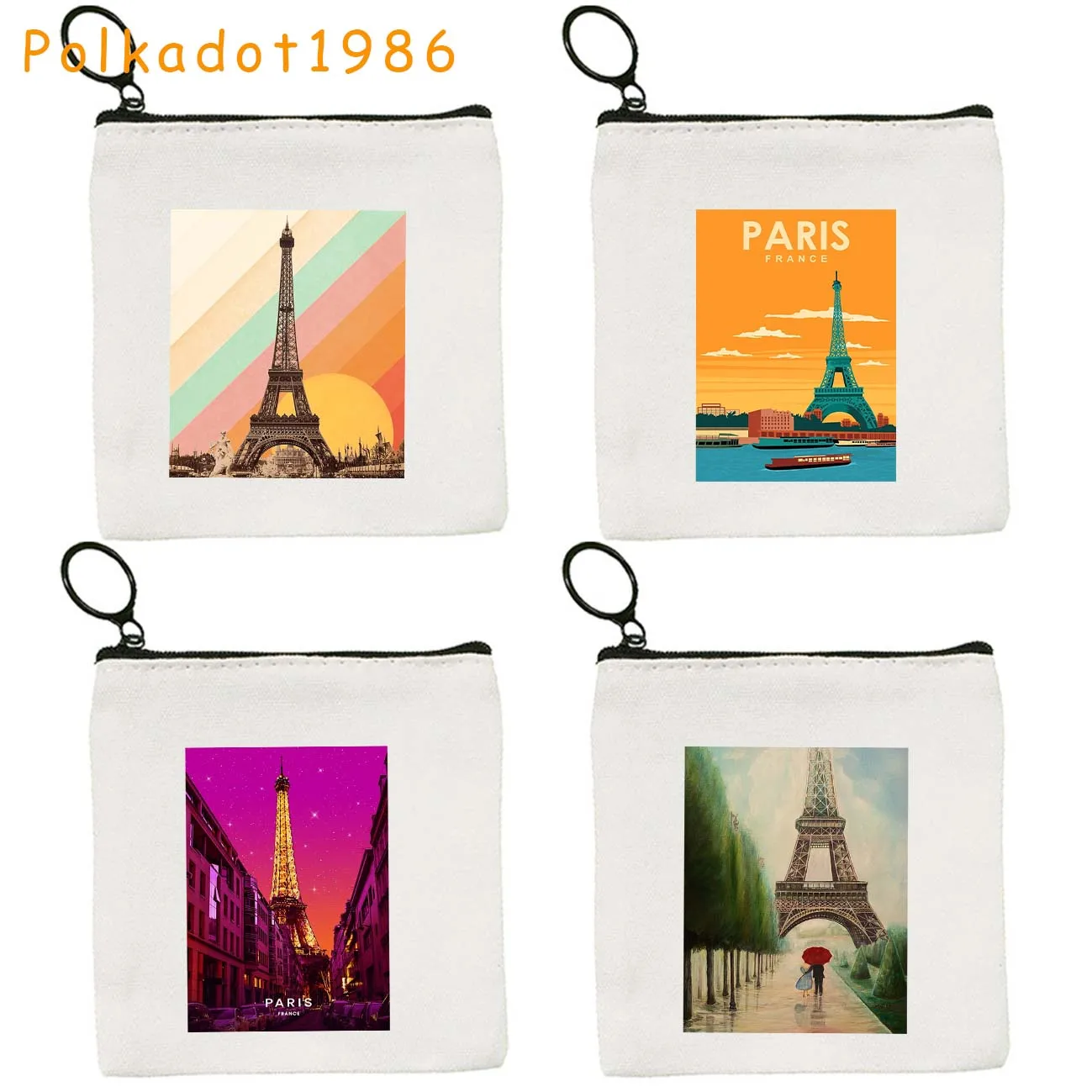 

Rainbow Paris France Eiffel Tower Vintage Travel Poster Canvas Key Coin Purse Canvas Bags Square Bag Storage Wallet Zipper Pouch