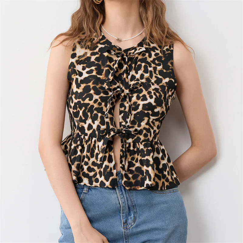 Fashion Leopard Print Tie Front Vest for Women Y2k Cheetah Print Peplum Tank Top Ruffle Hem Sleeveless Going Out Wear