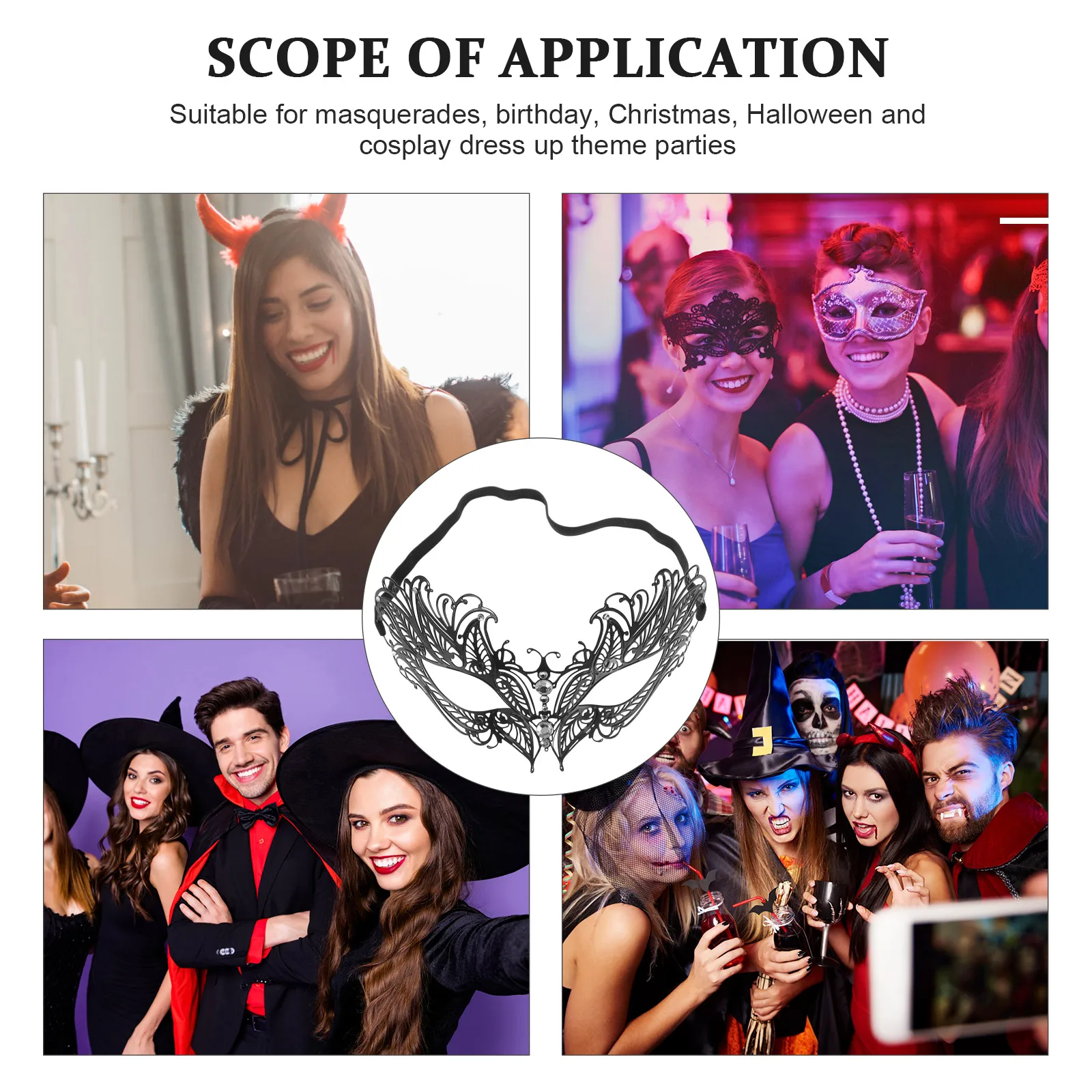 ハーフフェイスブラックアイマスク、仮面舞踏会コスチューム、ハロウィン小道具、コスプレメタルマスク、女性/恋人向け