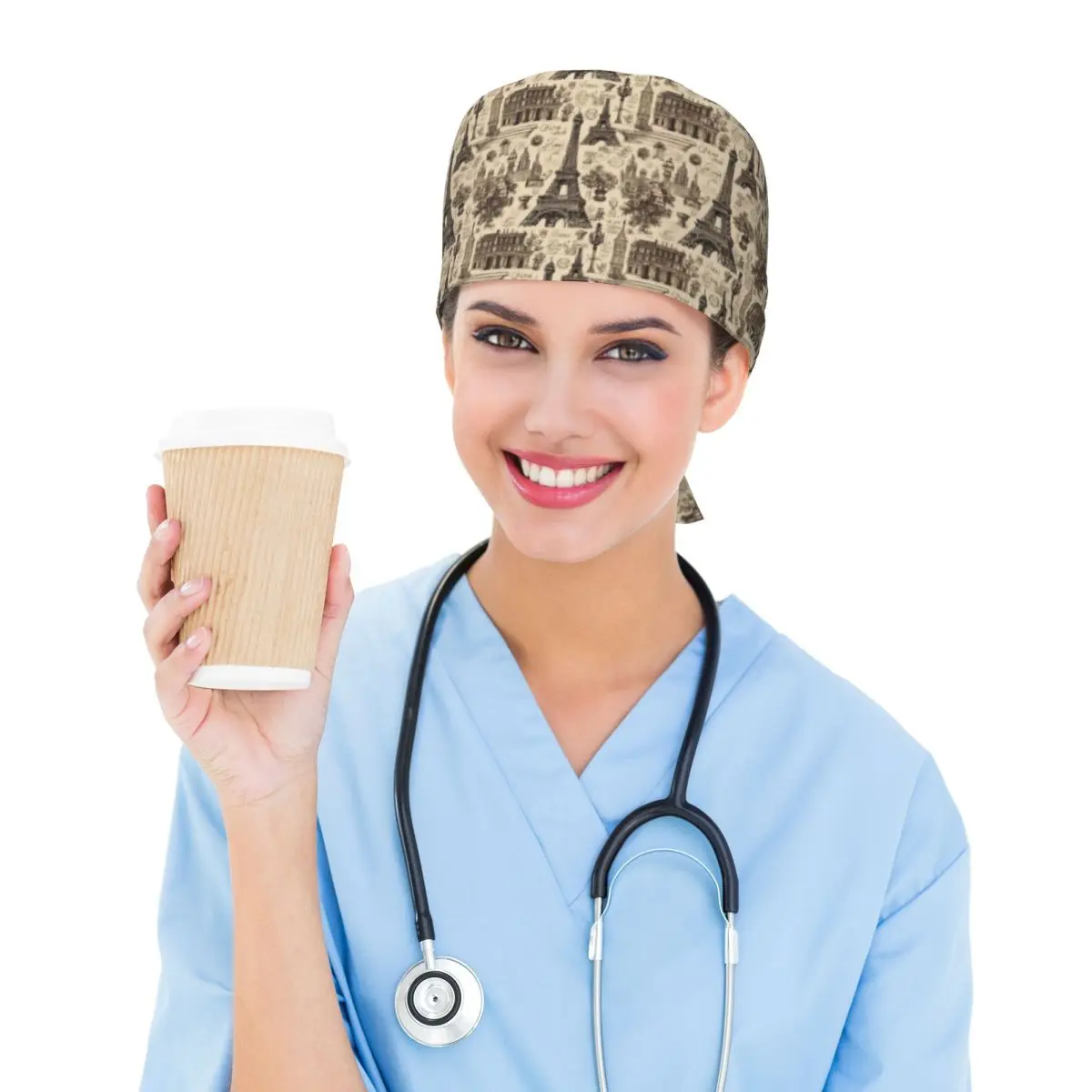 French Paris France Eiffel Tower Scrub Hat Doctor Working Surgical Cap Unisex Adjustable Nursing Caps for Dentist