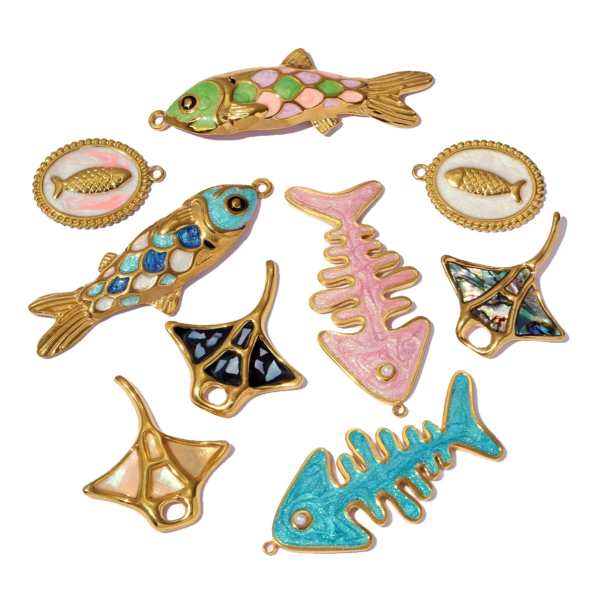 Lote de 3 piezas de acero inoxidable con diseños de tortuga, concha, estrella de mar, coral y manta raya, ideales como dijes para pendientes DIY y colgantes para collares, joyería de peces para mujer