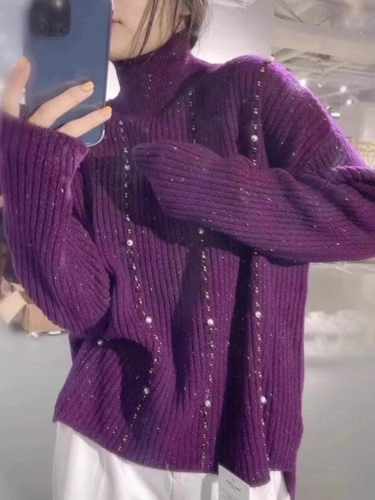 المرأة كسول Sle محبوك سترة علوية طويلة Sve الثقيلة الزينة تصميم قاعدة طبقة irt لينة مريحة عالية الياقة #2