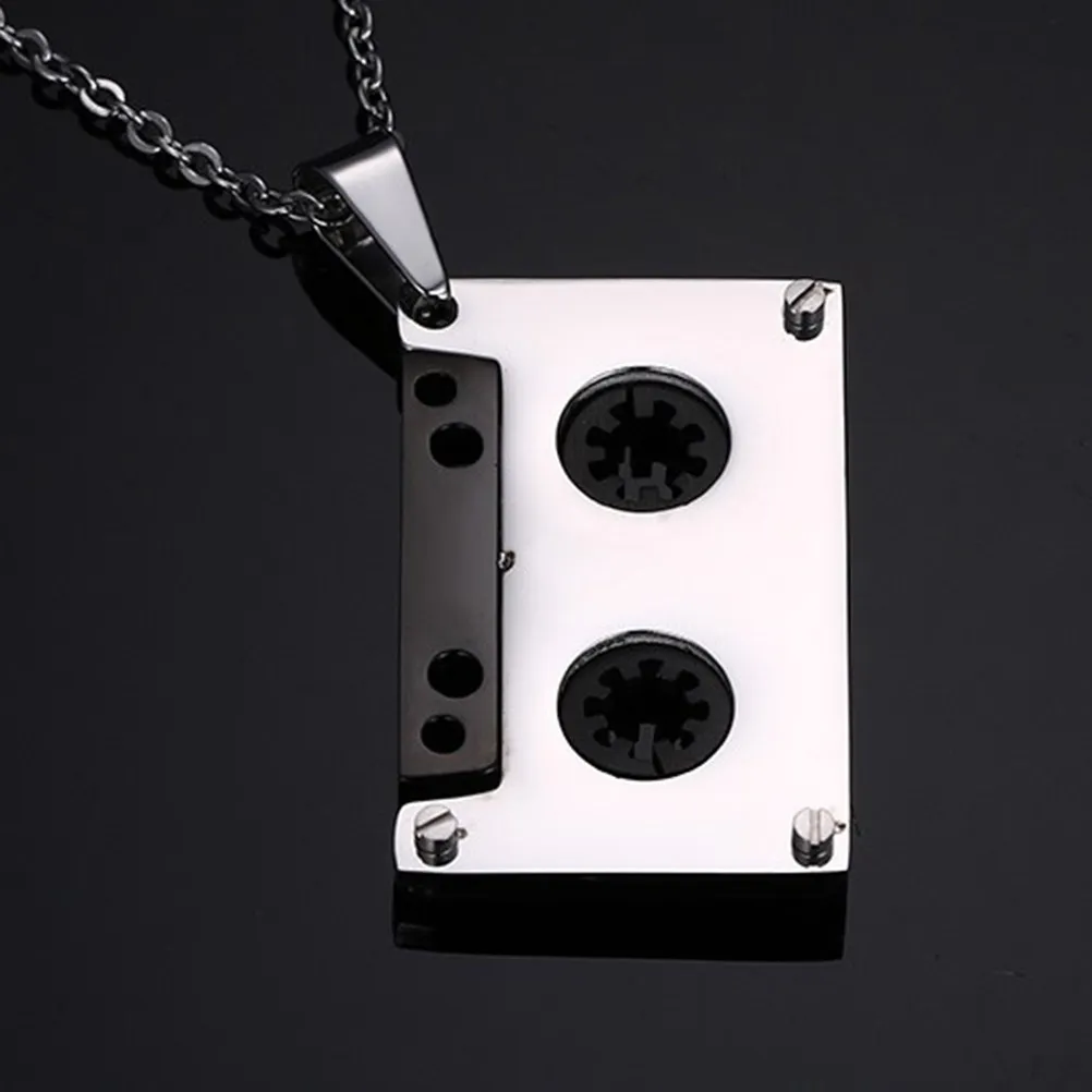 Mens Hip Hop Titanium Steel Music Cassette Tape Pendant Necklace Cool Fashion Accent Jewelry Best Gift for Husband Son Dad Teens