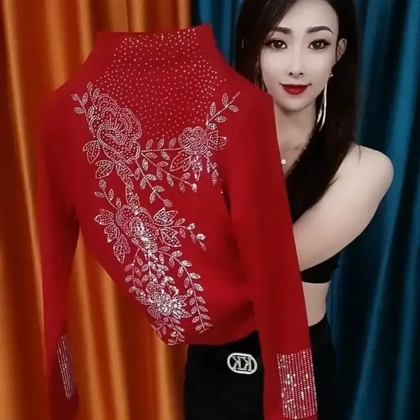 خريف/شتاء جديد عصري نصف بولو/رقبة سلحفاة بلون سادة طبقة قاعدة مزينة بالألماس مقاس كبير يغطي البطن العمر- #2