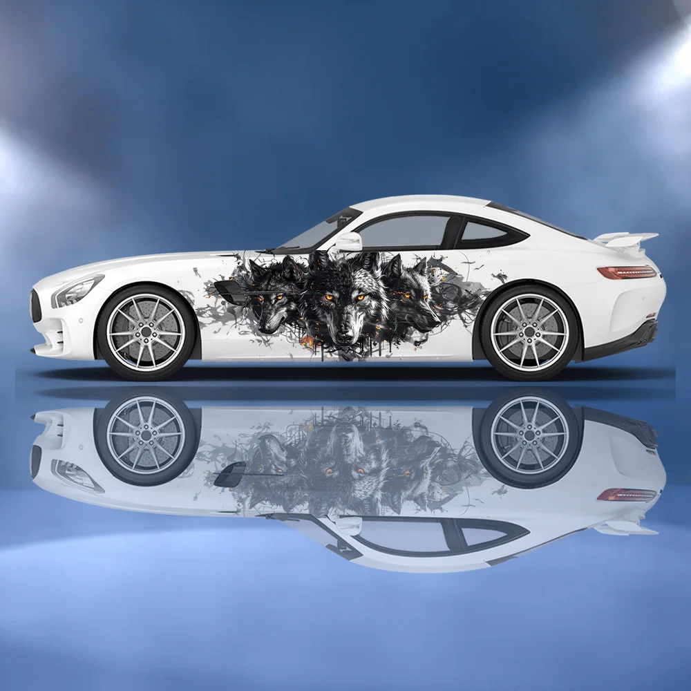

Triple-headed Wolf Head Splash Print Car Sticker, Full Body Floral Decoration Scratches, Waterproof Car Sticker. Car Vinyl Wraps