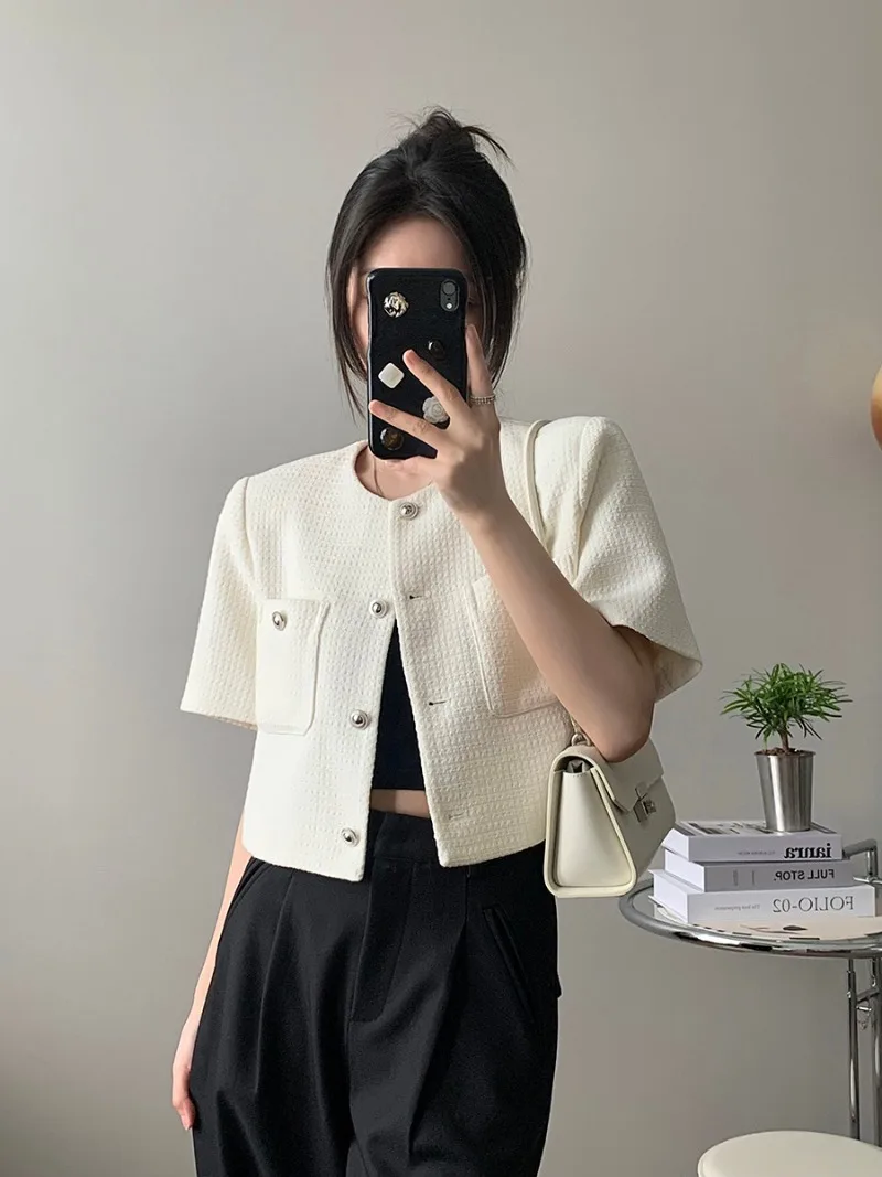 New Summer High End Casual Jacket Women Small Fragrance Short Sleeve O-neck Pockets Elegant Short Tops Korean Fashion Outwears