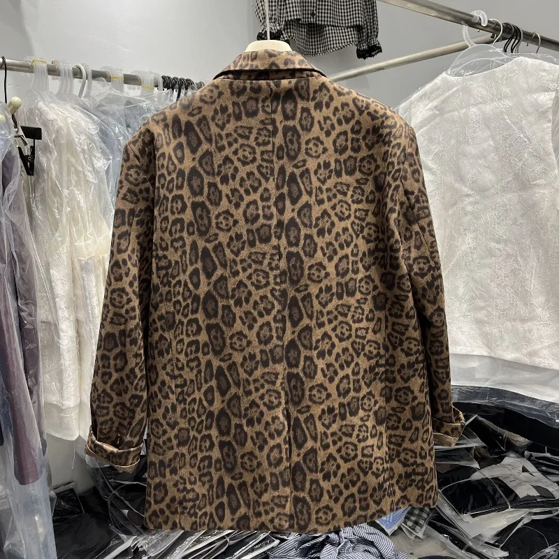 Damski Wiosenno-Jesienny Komplet: Top, Płaszcz, Garnitur, Leopard, Dwurzędowy, Średniej Długości, Vintage, Prosty, Wygodny, Casualowy, Niszowy, Uniwersalny, Wyszczuplający