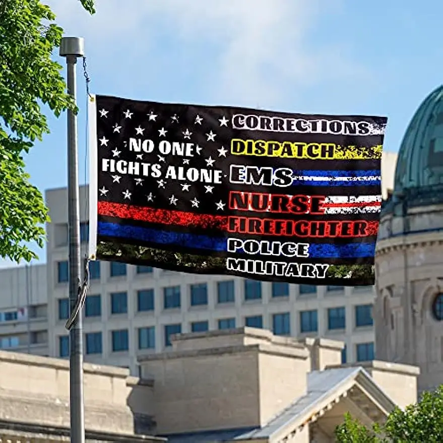 لا أحد يحارب بمفردك العلم الأمريكي العلم الأمريكي المستجيب الأول متعدد رقيقة خط النحاس الحلقات في الهواء الطلق راية الديكور 90X150cm #2